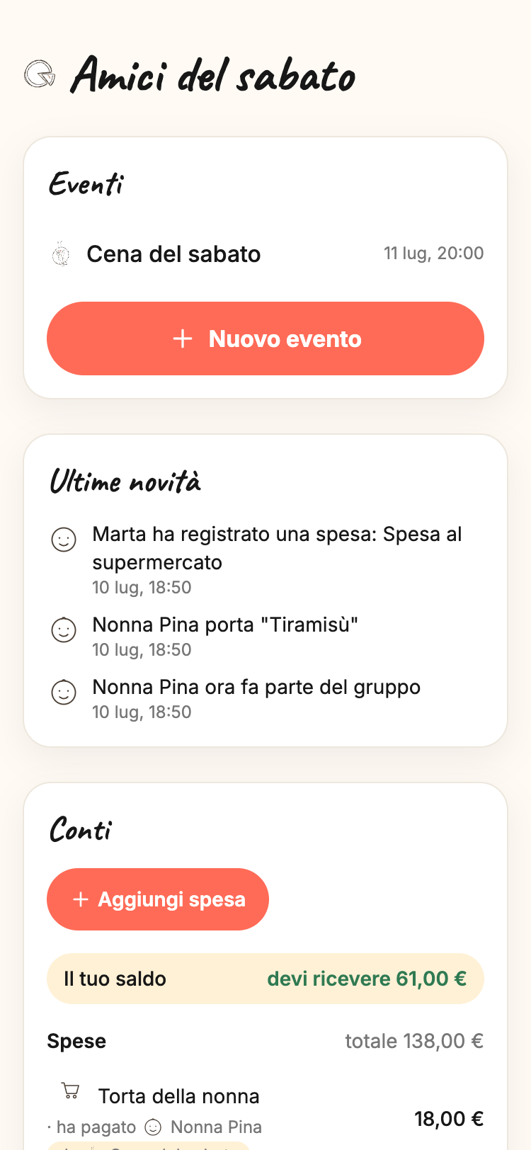 La bacheca di un gruppo Vamo: prossimo evento, chi viene e chi porta cosa
