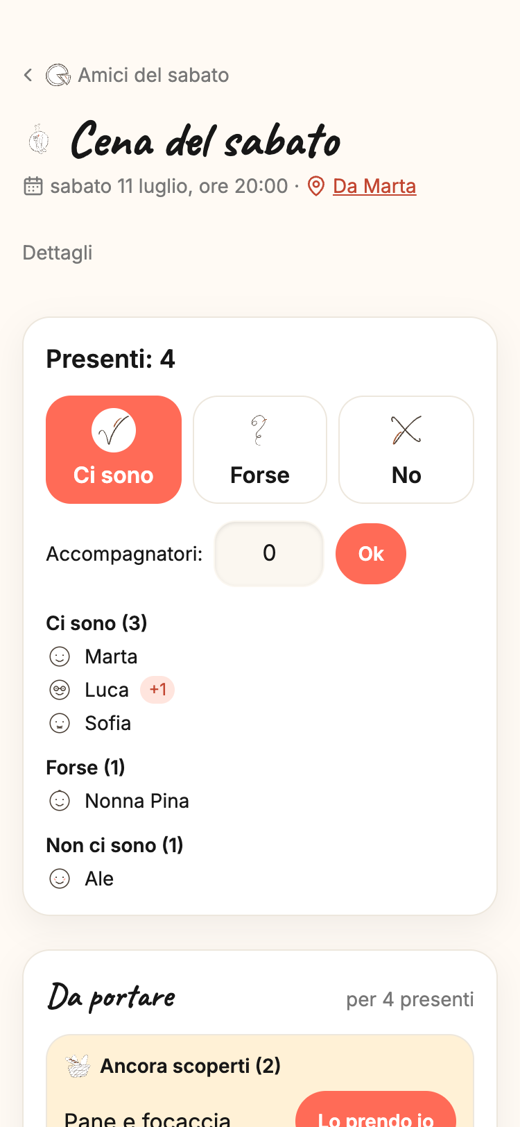 Un evento con RSVP e cose da portare